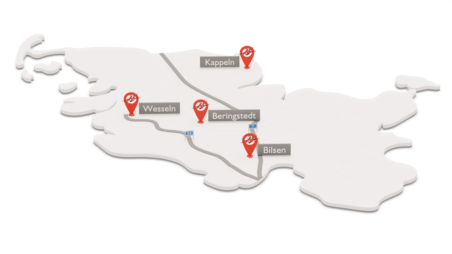 3D-Karte von Schleswig-Holstein in grau mit den Hauptautobahnen un dunkelgrau und den vier Standorten der Wilhelm Mohr Handel KG in Bilsen, Kappeln, Beringstedt und Wesseln bei Heide.